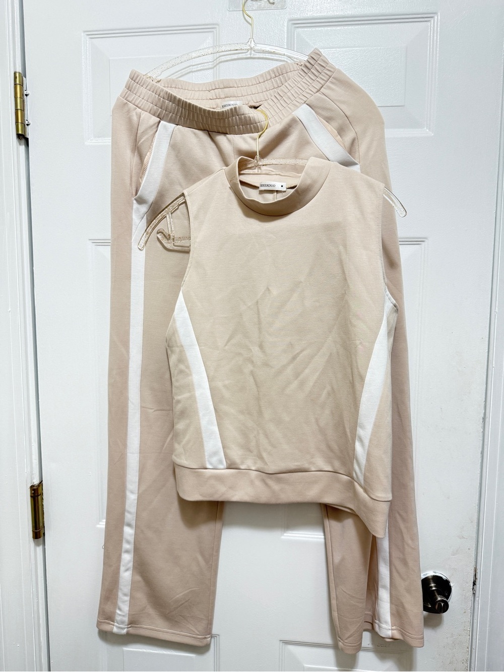 XIEERDUO Beige Knit Track Pants with White Side Stripe